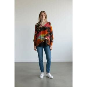 Calessa Womens Size M Mesh Watercolor V-Neck 3/4 Sleeve Tunic Layered Business